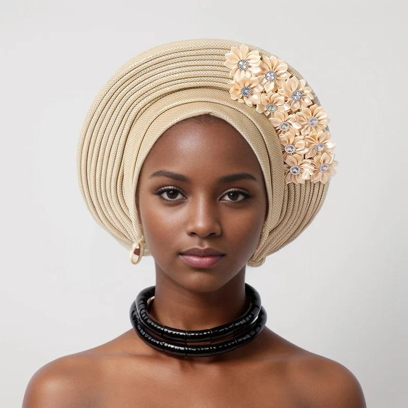 Red Multi-Layered, Turban Hat African Fan Shaped Head Wraps ,Pleated Headwear With Crystal.