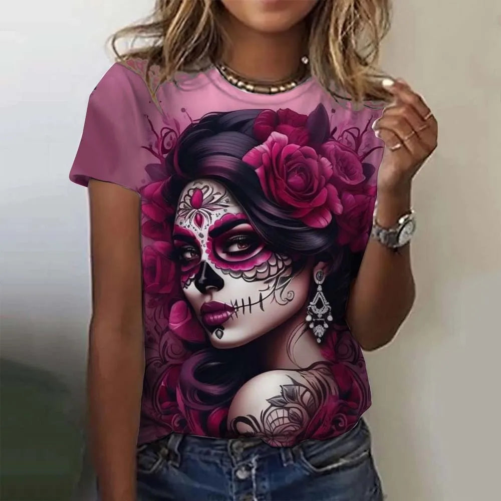 Fashion Women's T-shirt for Girls Summer Short Sleeve Sexy Girls Clothes Day of the Dead Undead Skull Pattern oversized T-shirts