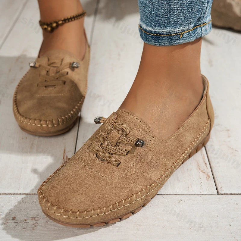 Women's Loafers Fashion Lace Up Comfortable Round Toe Soft Sole Flats Daily Walking Lightweight Versatile Slip on Casual Shoes