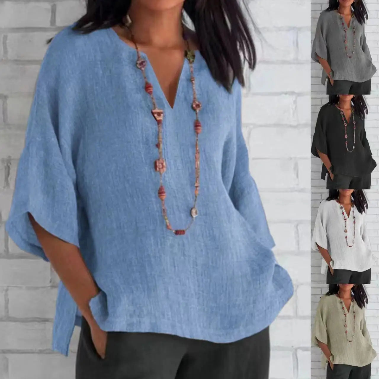 Women's Solid Colour Cotton Linen Shirt 2023 Spring/Summer V-Neck 3/4 Sleeve Loose Casual Blouse Women Tops S-3XL
