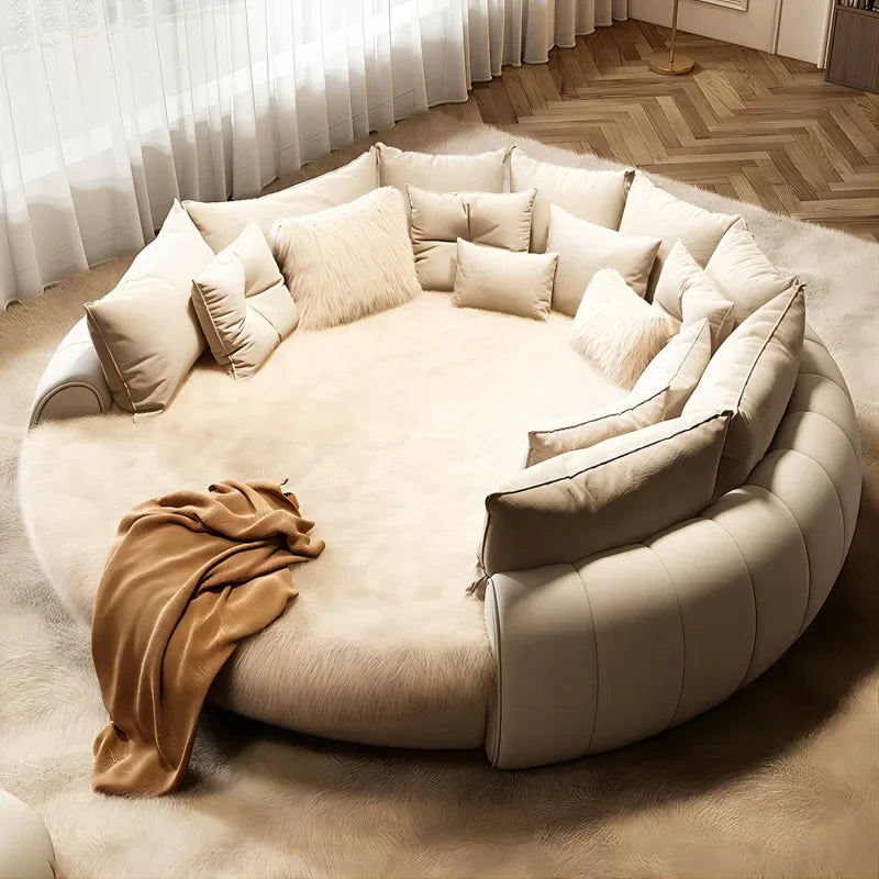 2.2×2m Master Bedroom Big Round Bed, Modern Hotel Guest House Cream White Leather, Full Bed Frame Lazy Cloud Sectional.