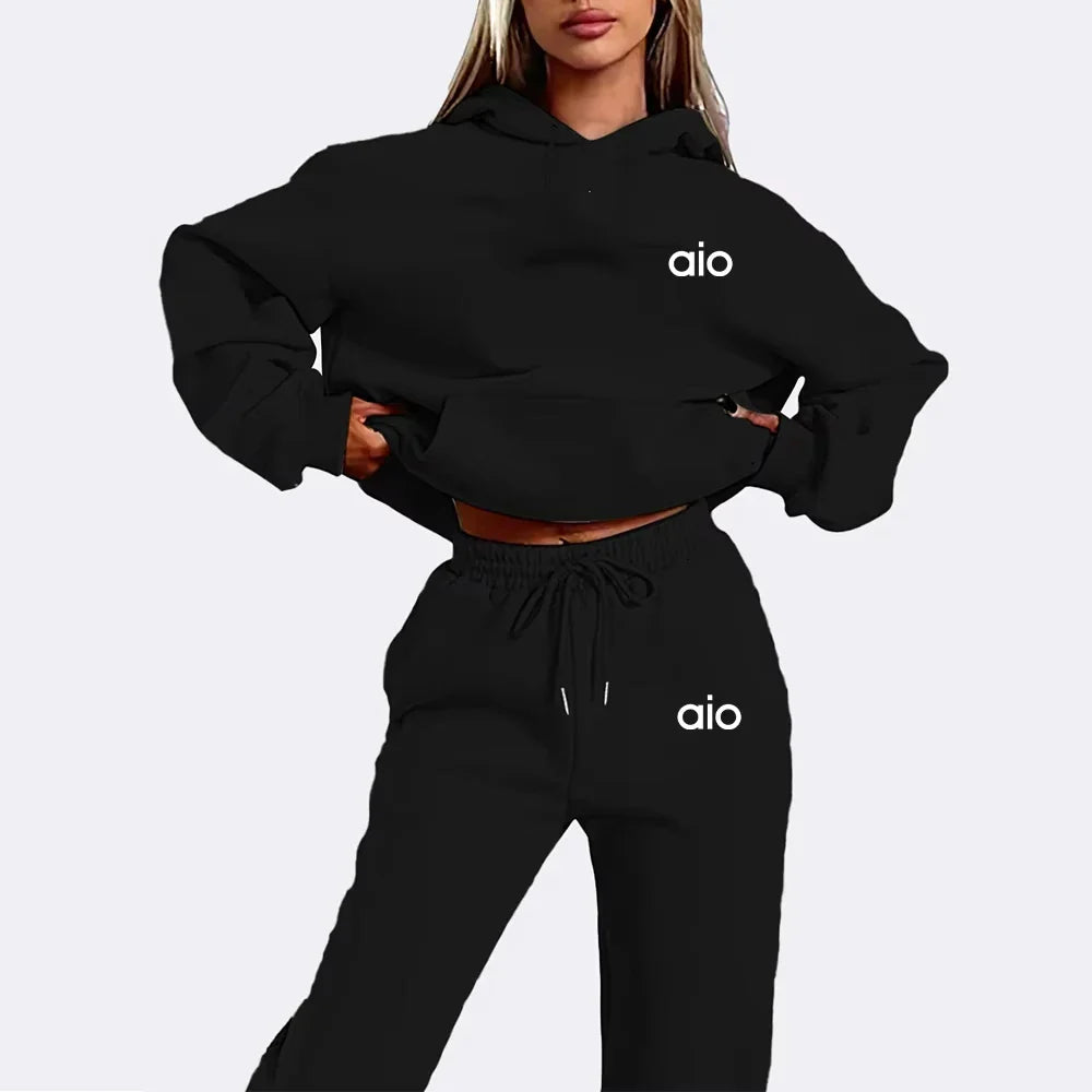 High Quality Women Monochrome Hooded Hoodie Set, Casual Two-Piece Set New Fashion Hot sweatpants tracksuit.