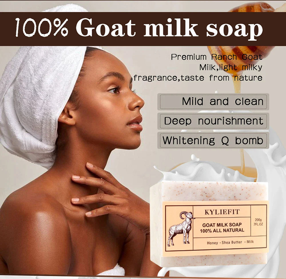 KYLIEFIT Goat Milk Soap Bar, 100% All Natural, Lightening, Cleaning, Moisturizing, With Honey, Shea Butter, Milk, 200g/ 7 oz