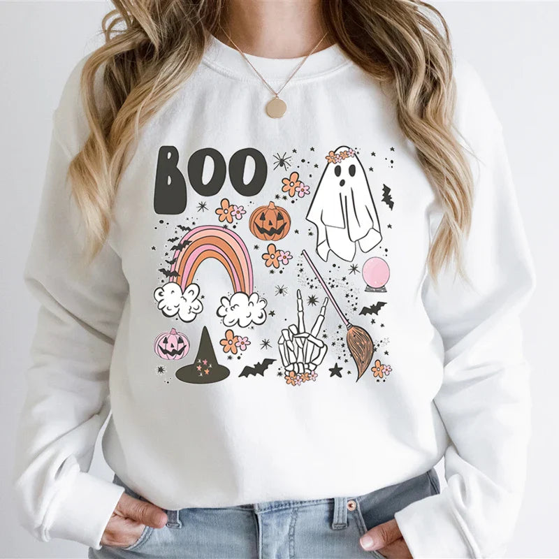 Halloween Ghost Sweatshirt Women Pumpkin Skeleton Hand Graphic Funny Hoodies The Boo Pumpkin Ghost Vintage Halloween Sweatshirt