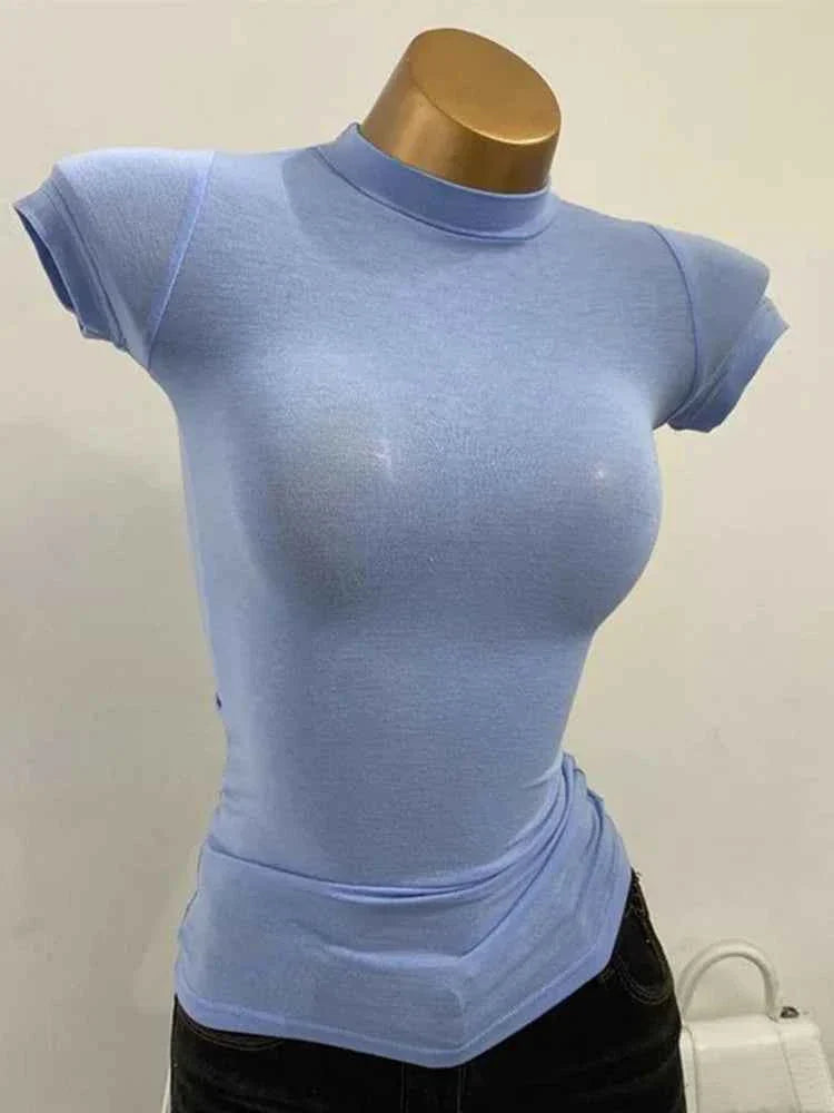 Half-high Collar T-shirt Transparent Short-sleeved Slim-fit Elastic T-shirt