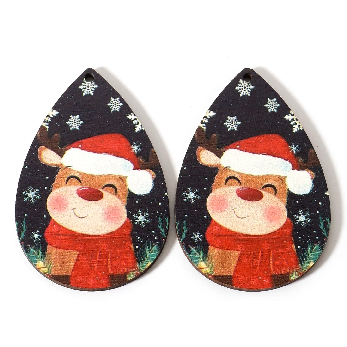 10pcs Multicolor Christmas Wood Pendants Drop Shaped Christmas Tree Snowman Charms DIY Earrings Women Jewelry Gift 5.4cm x 3.7cm