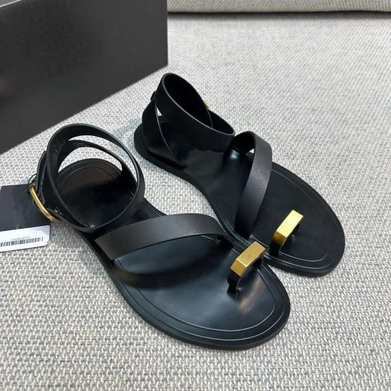 DIMANYU Women's beach sandals pullover 2024 new slotted strap sandals women flat roman clip-toe sandals women casual
