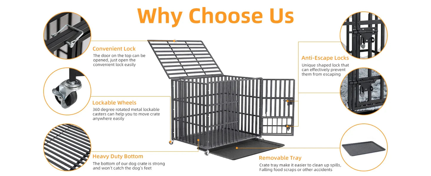 XXL Large Heavy Duty Dog Crate Strong Pet Cage Tear Resistant Square Tube Metal Kennel Playpen with Lockable Wheels and Tray