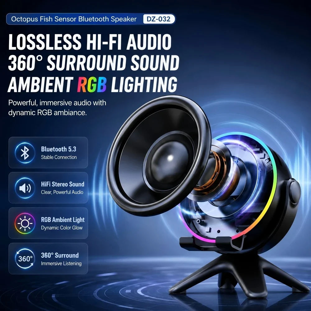 Wireless Sensor Bluetooth Speaker 5.3, HiFi 9D Sound RGB Light Long Battery Phone Stand for iPhone Samsung Xiaomi
