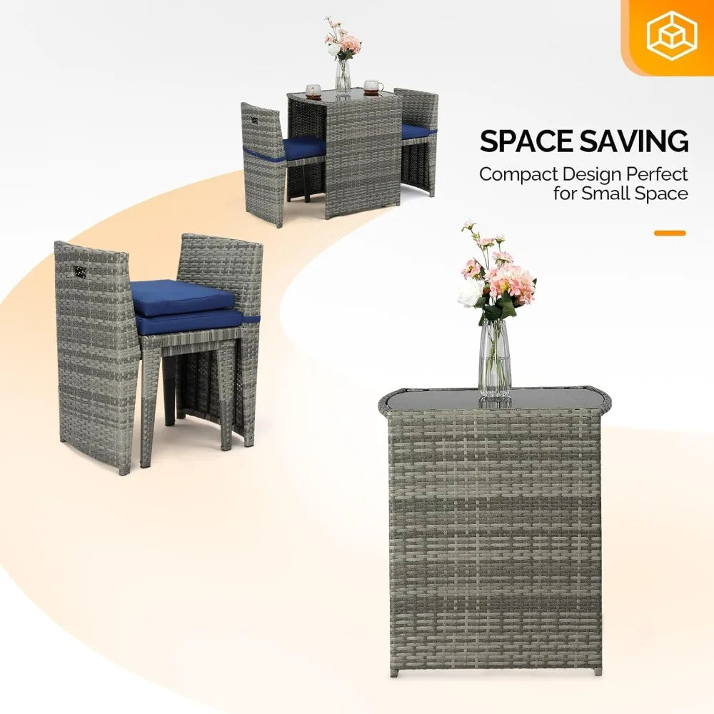 3 PCS Wicker Outdoor Patio Bistro Set, Patio Furniture Set，Space with Glass Top Table Dining Chairs,  for Garden Yard Porch