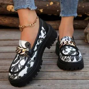 Trendy British Style Flats with Thick Heels, Leather Shoes Spring Autumn Floral Pattern.