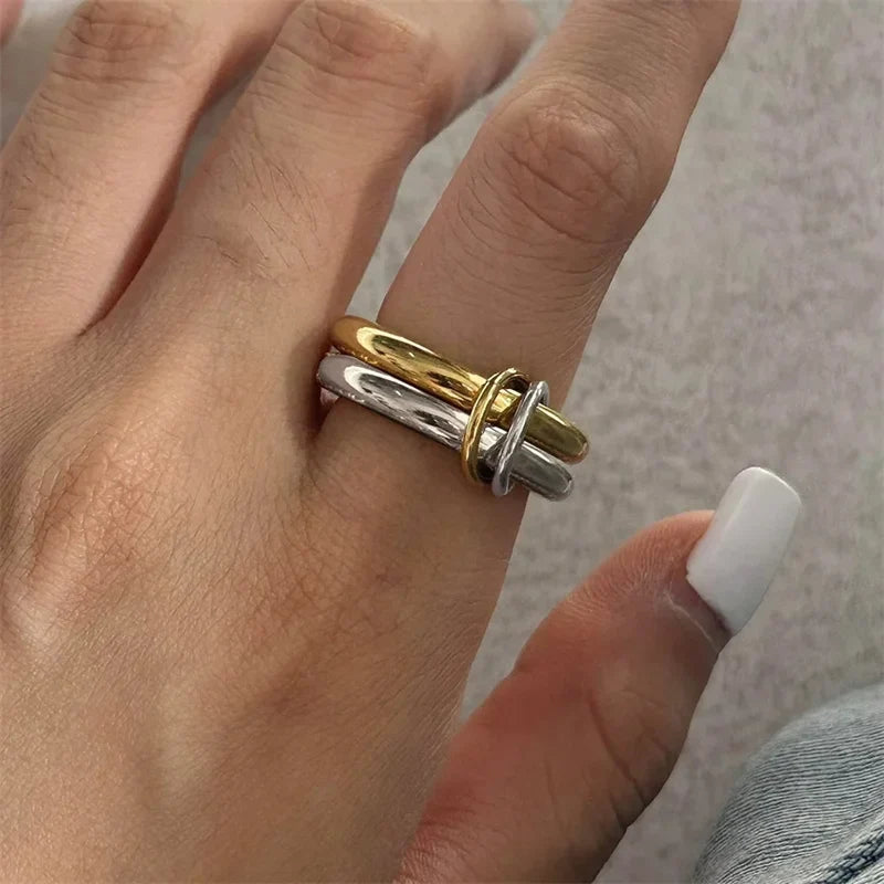A Niche Two-Color Four-Ring Copper Jewelry Ring, Hypoallergenic, Ins