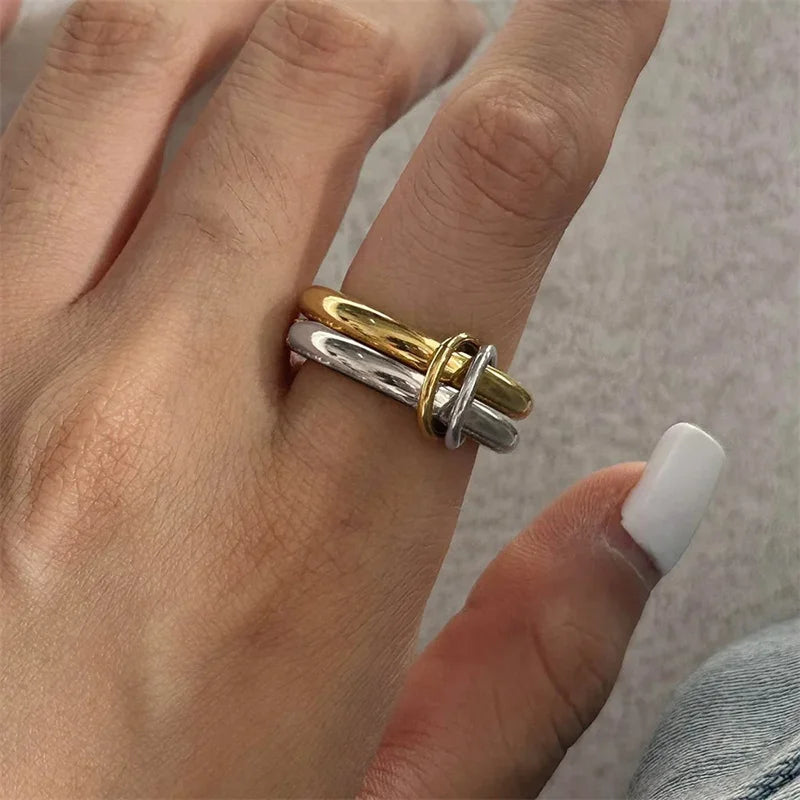 A Niche Two-Color Four-Ring Copper Jewelry Ring, Hypoallergenic, Ins