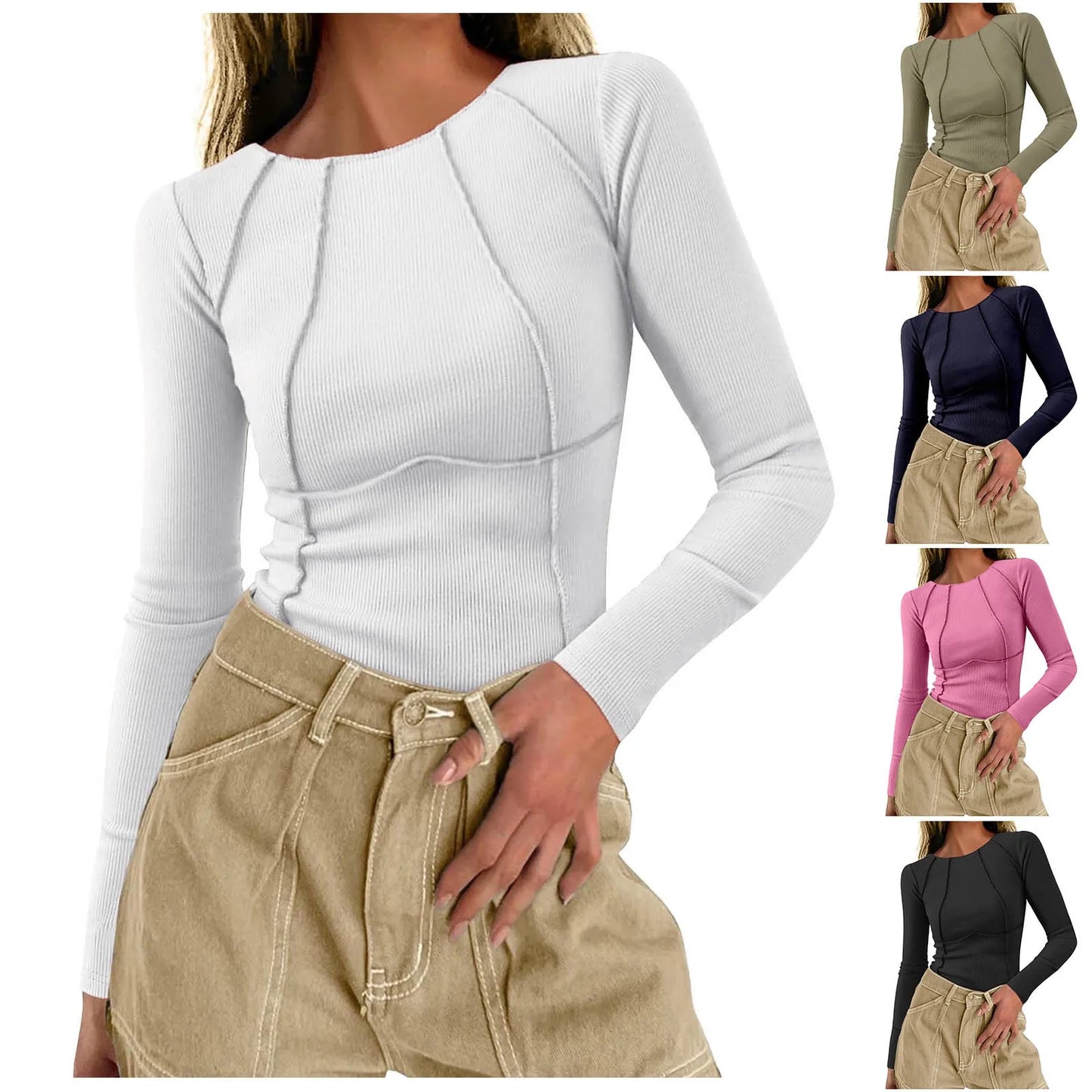 Women's Fall Long Sleeve Top Rib Knit Cropped Casual Crew Neck Slim Fit Exposed Seams Summer Commuting Tight Long Sleeve Shirt