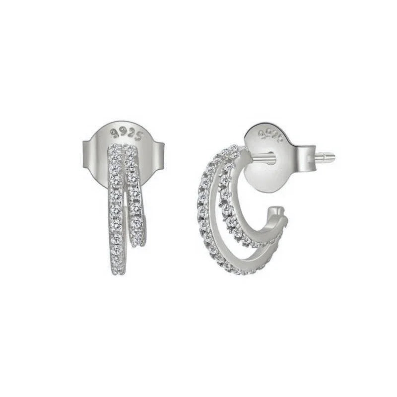 925 Sterling Silver Ear Needle Vintage C Shape Earrings For Women Triple Open Circle Piercing Stud Earrings Fashion Jewelry