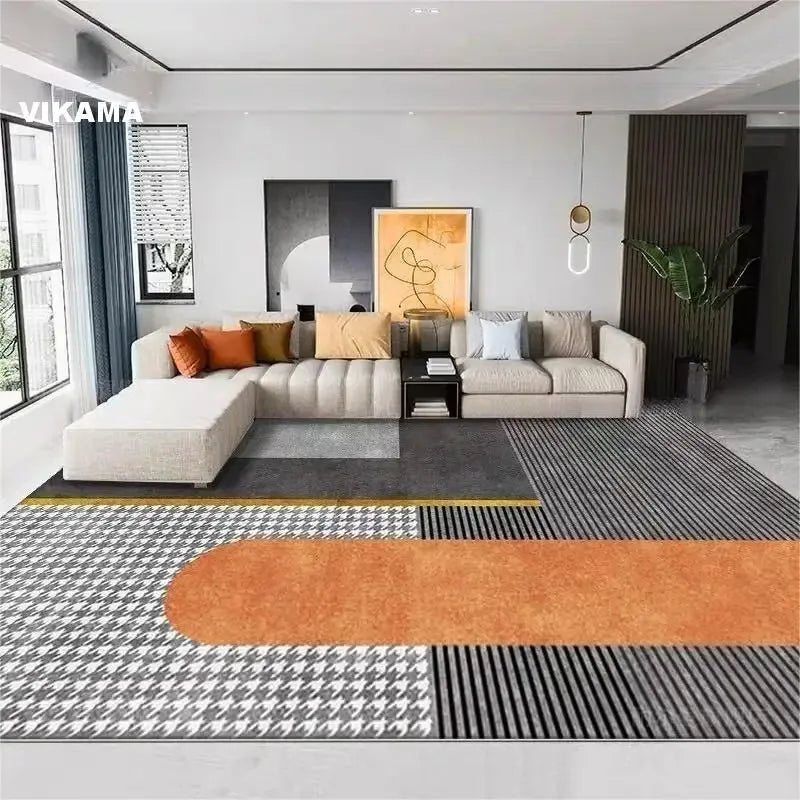 Minimalist Geometric Large Carpet, Anti-slip Floor Rug ,with Gray Splicing Pattern, for Living Room, Bedroom Unique Decoration.