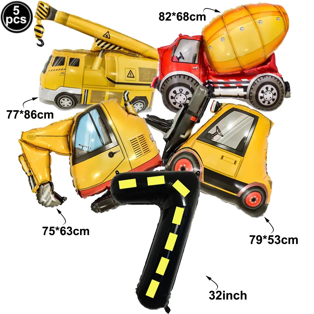 5pcs Construction Themed Balloon Carton Vehicle Balloon Excavator Forklift Crane Balloons for Boy's Construction Birthday Party