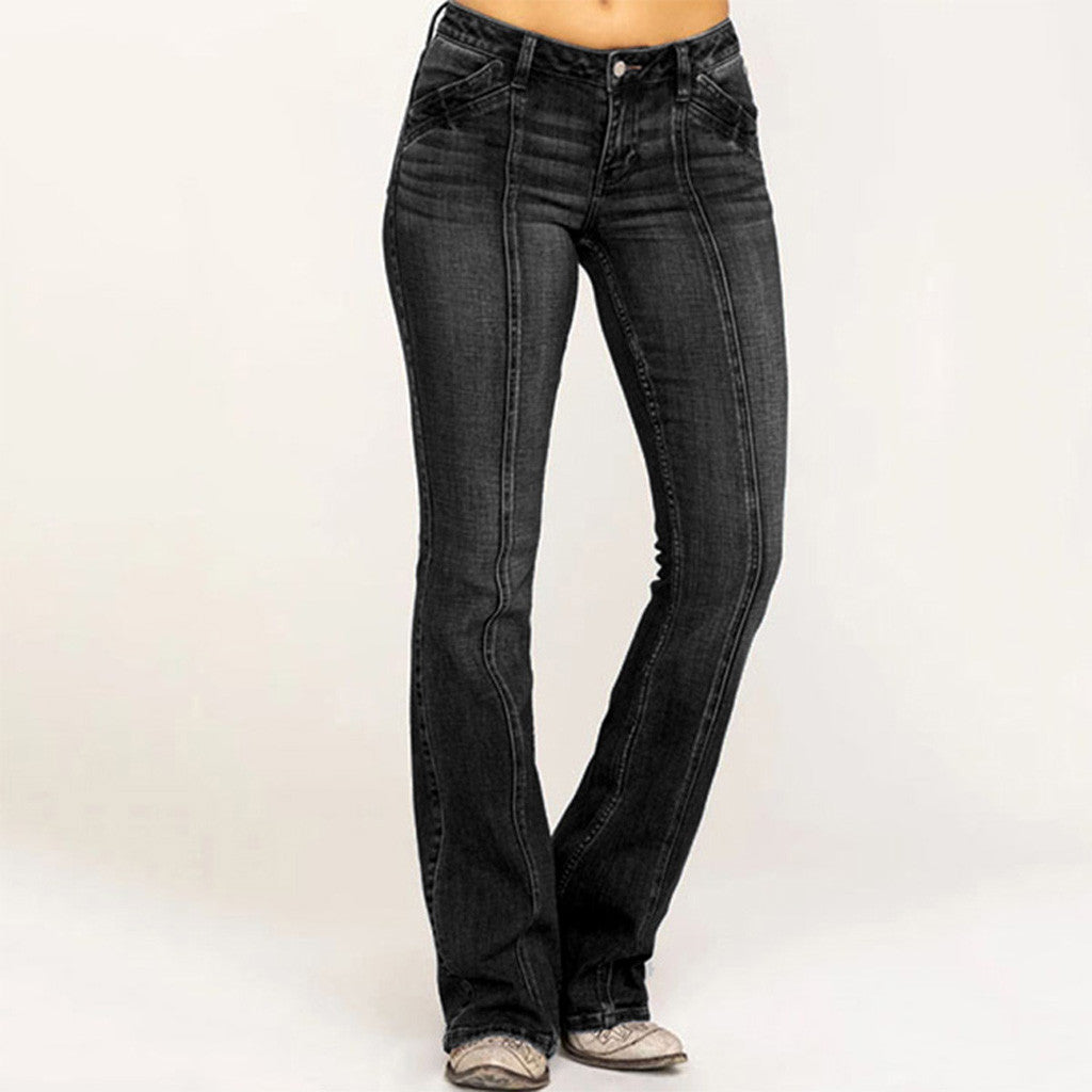 Denim Jeans For Women Mid Waisted Denim Jeans Embroidery Stretch Button Flare Pants Jeans Loose Casual Straight Jeans Vaqueros
