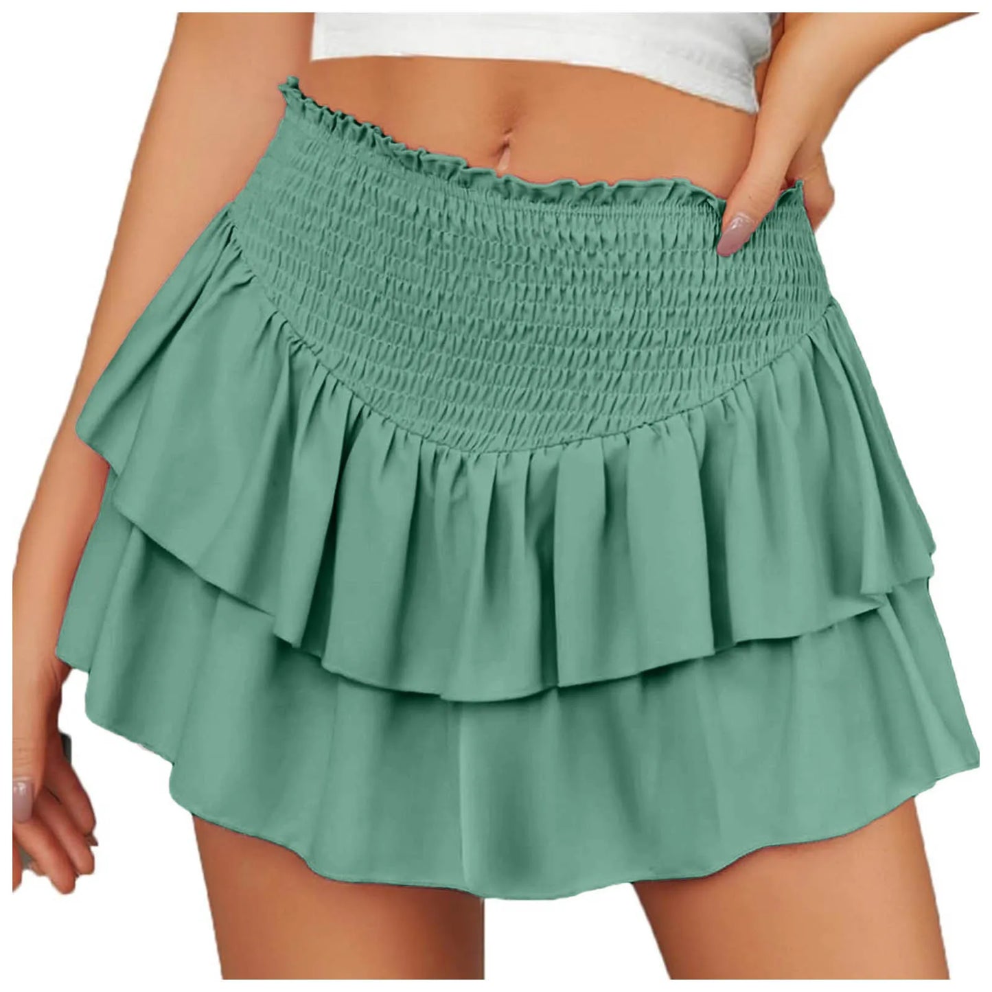 Womens High Waist Ruffle Flowy Mini Skirts Stretchy Lined Layered Pleated Casual Beach Short Skirt Solid Color Sweet Dress