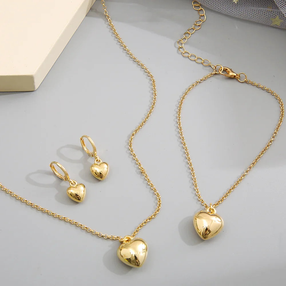 Exquisite Heart Earrings Necklace Women's Bracelet Fashion Simple Romantic Pendant Gold Color Jewelry Set 2023 New Trendy Gifts