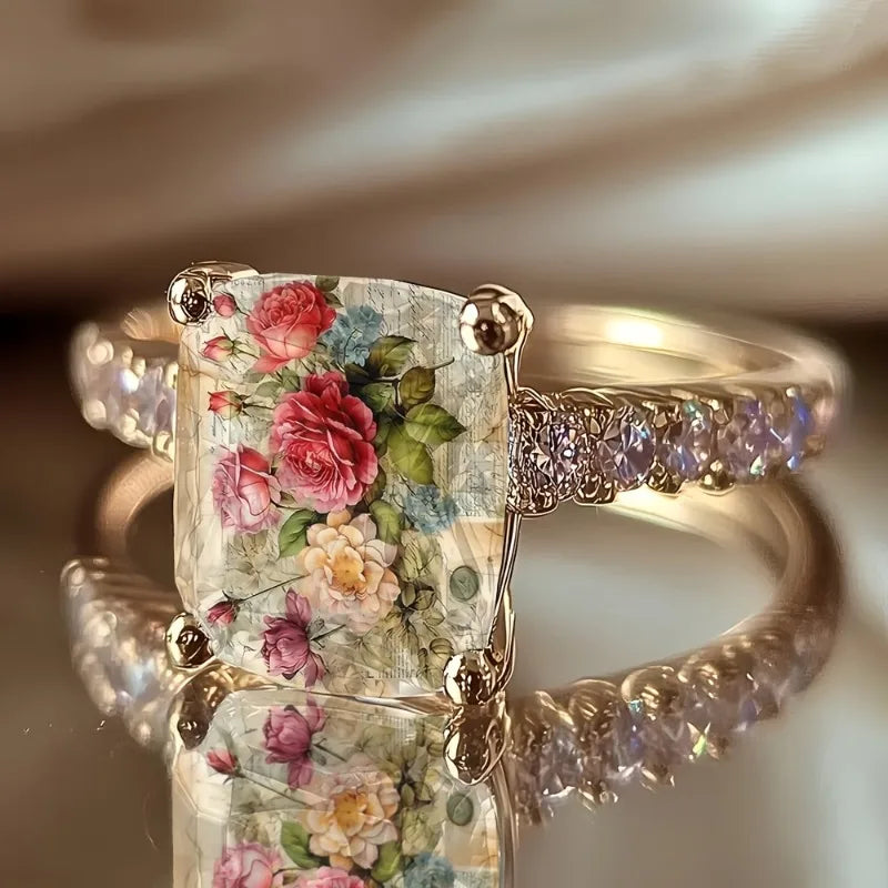Ladies Rose Bundle Retro Illustration Square Ring Design Light Luxury Fashion Jewelry Daily Wear Special Occasions Suitable Gift