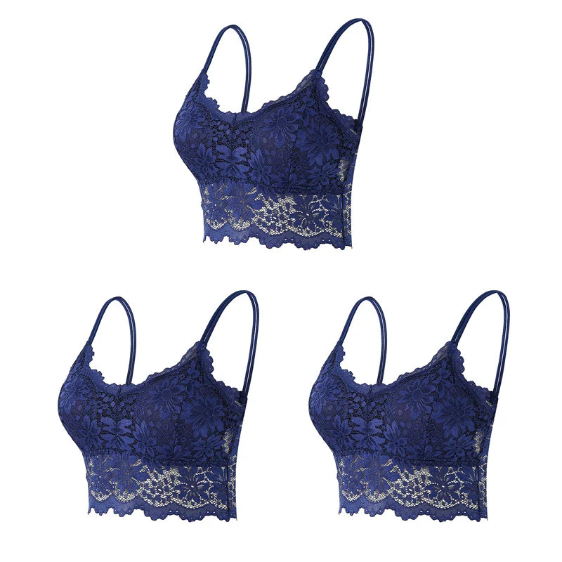 3PCS Women's Lace Top Comfortable Bralette, Solid Color Underwear Vest.