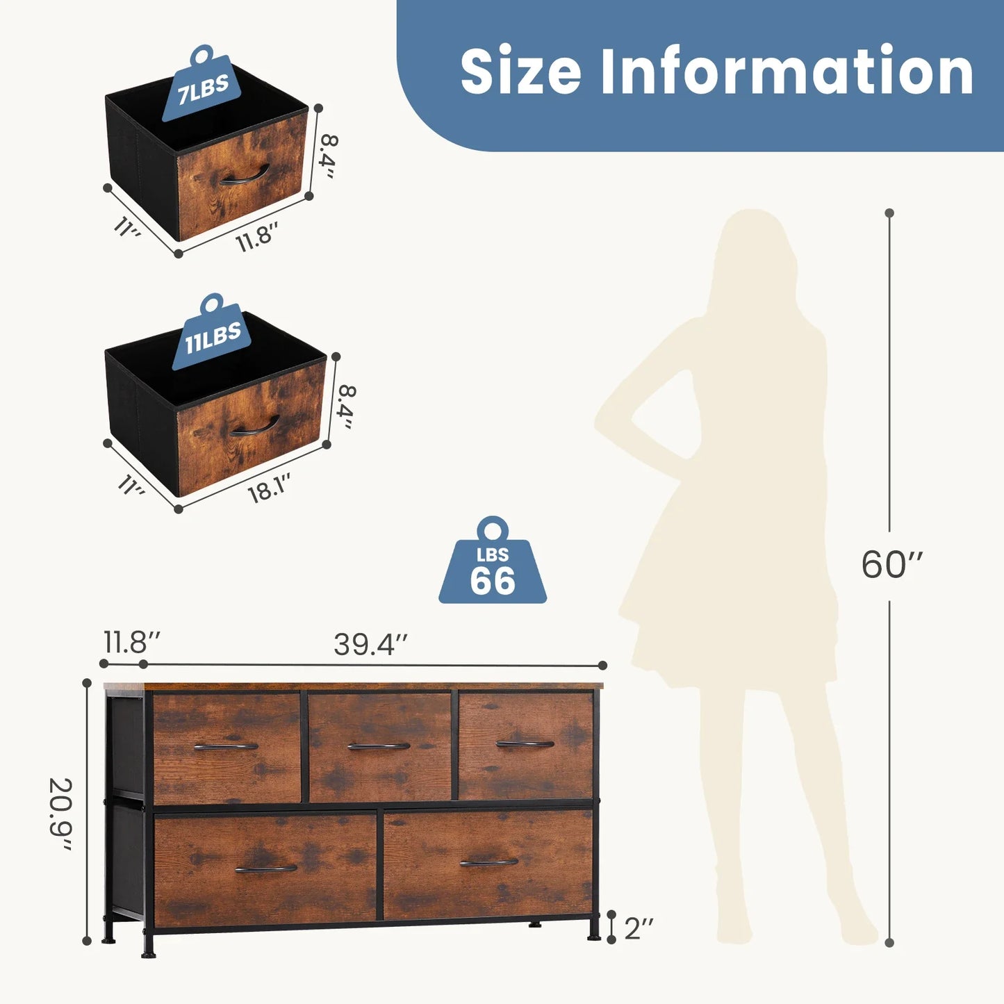 Living Room Display Cabinet  With 5 Fabric Drawers.  Steel Frame Assembly for Clothes.