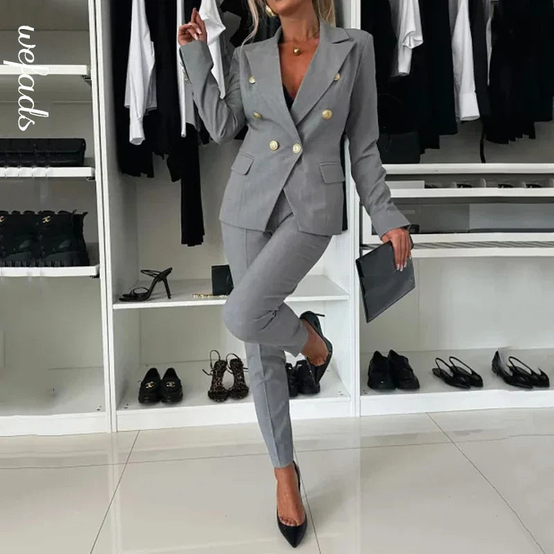 Wefads Autumn Two Piece Suit Office Fashion Solid Lapel Long Sleeve Double Button Top Straight With Pockets Pants Set Streetwear