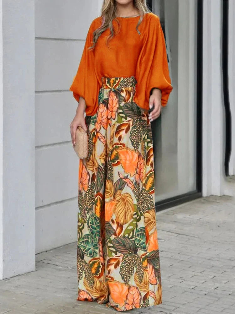 Women's 2 Piece Set 2024 New Fashion Autumn Solid Long Sleeve T-shirts & Digital Print Wide Leg Pants Suit Woman Pants Set