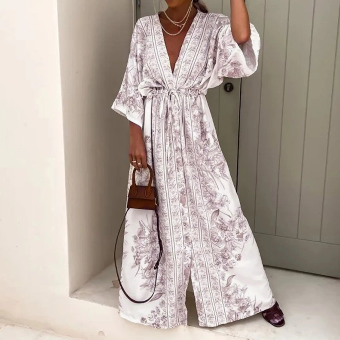 V Neck Half Sleeve Long Dress Lace Up Vintage Printed Large Hem Dresses Womens Casual Summer Dress Loose Long Robe Vestidos