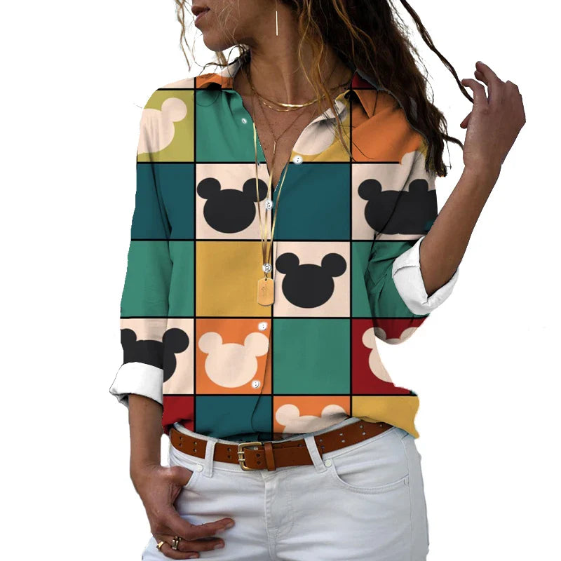 New 2024 Disney Harajuku Slim Fit 3D Print Women's Button Up Long Sleeve Lapel Mickey Minnie Casual Cute Shirt y2k