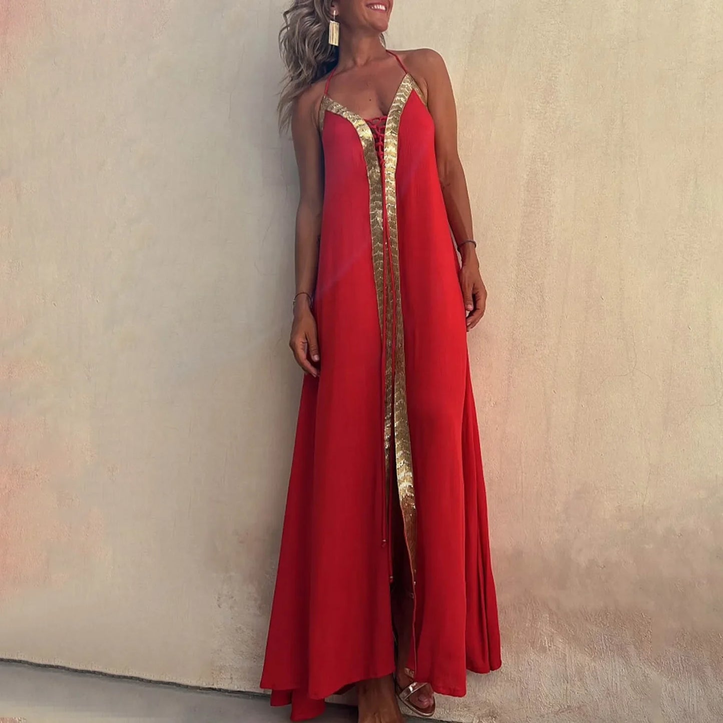 Summer Womens Boho Dresses Lace Up Halter Maxi Dress Vacation Beach Dresses Vestidos Bohemian Long Sundress платье женское