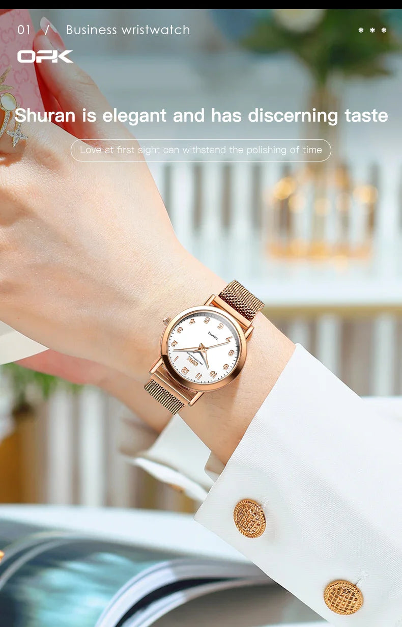 OPK 8115 Women's Watches Simple Fashion Oirginal Wristwatch for Female Stainless Steel Mesh Strap Waterproof Luminous Reloj