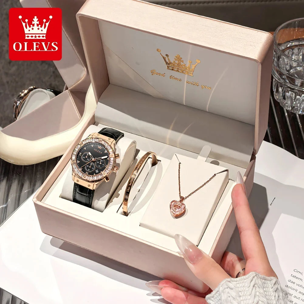 OLEVS 9978 Women Watch Original Quartz Watch Waterproof Leather Strap Multifunctional Chronograph Watch Bracelet Set Gifts Box