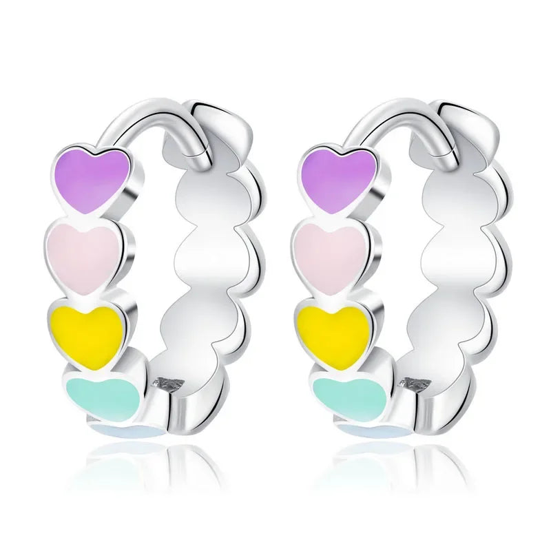 Romantic Heart Shapen Girl Earrings 925 Silver Rainbow Heart Hoop Earring Silver Jewelry Gift