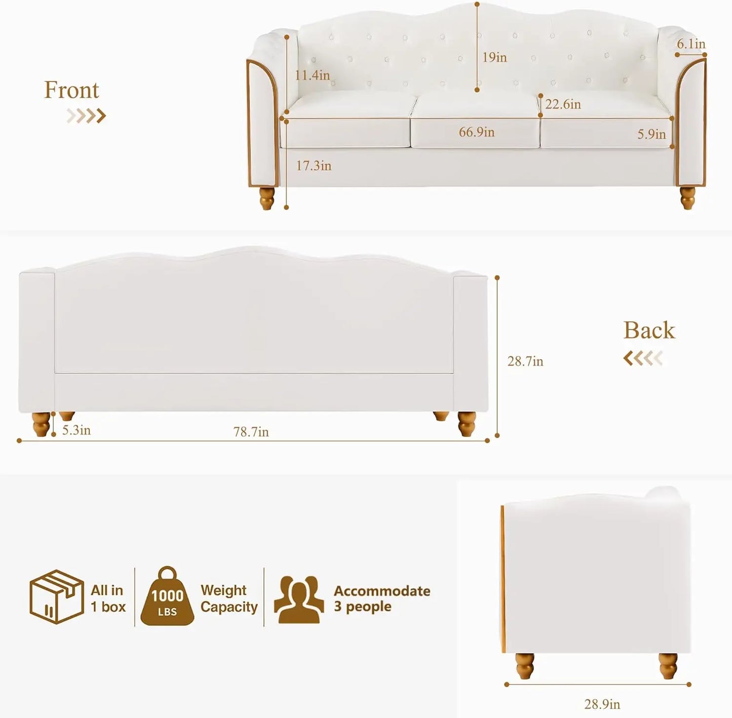 78" Leather Sofa Couch, Soft 3 Seater Sofa Living Room.