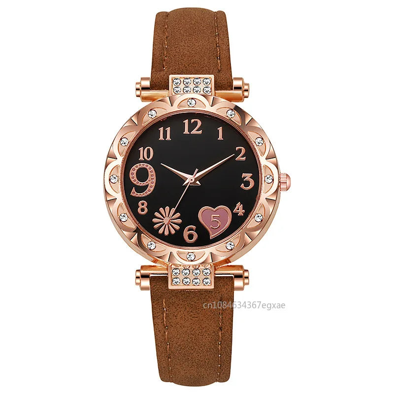 2/1PCS Fashion Heart Dial Women's Watches Luxury Leather Band Quartz Watch Rhinestone Bracelet Set Female Relogio Feminino