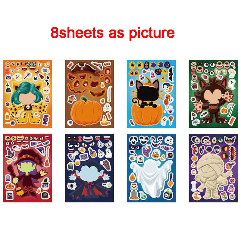 Halloween Party Favors Stickers for Kids 6-24sheets DIY Ghost Witch Mummy Make A Face Stickers Children Toddles Puzzle Jigsaw