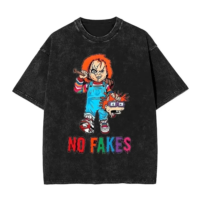 Horror Chucky and Tiffany Washed T Shirt Women  We're Goin Killing Halloween Casual T Shirts Beach Tee Shirt Oversized Tops Men