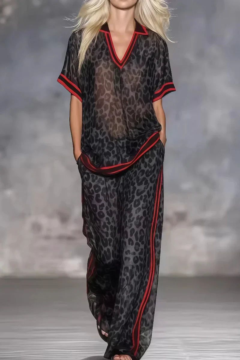 Women Leopard Print Two Piece Set Summer Casual Stripe V-Neck Short-sleeved Top & Wide Leg Pants Red Trim Casual Vacation Outfit