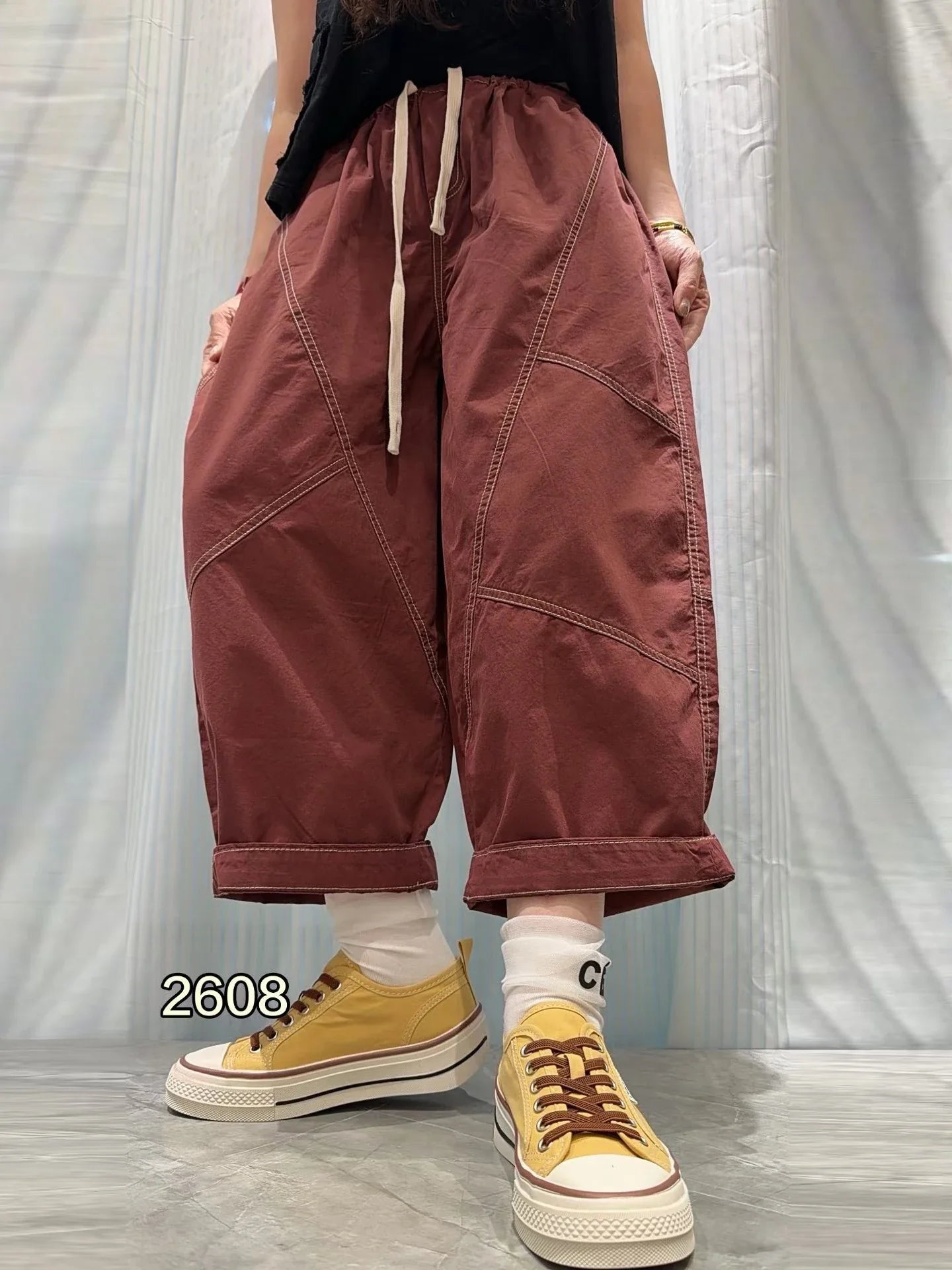 Patchwork Denim Washed Cotton Casual Pants Women Plus Size Loose Cropped Pants 2026 Spring Summer Denim Jeans JLJ522