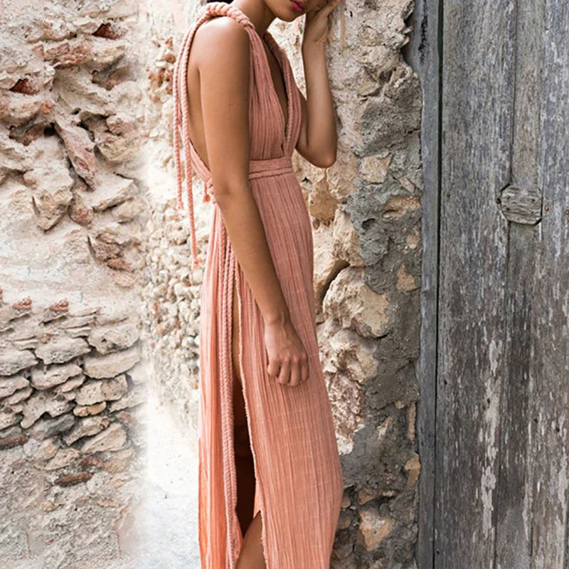 Sexy Deep V-neck Bandage Robe Long Dress 2024 Women Elegant High Waist Split Solid Party Dress Summer Fashion Pleated Maxi Dress