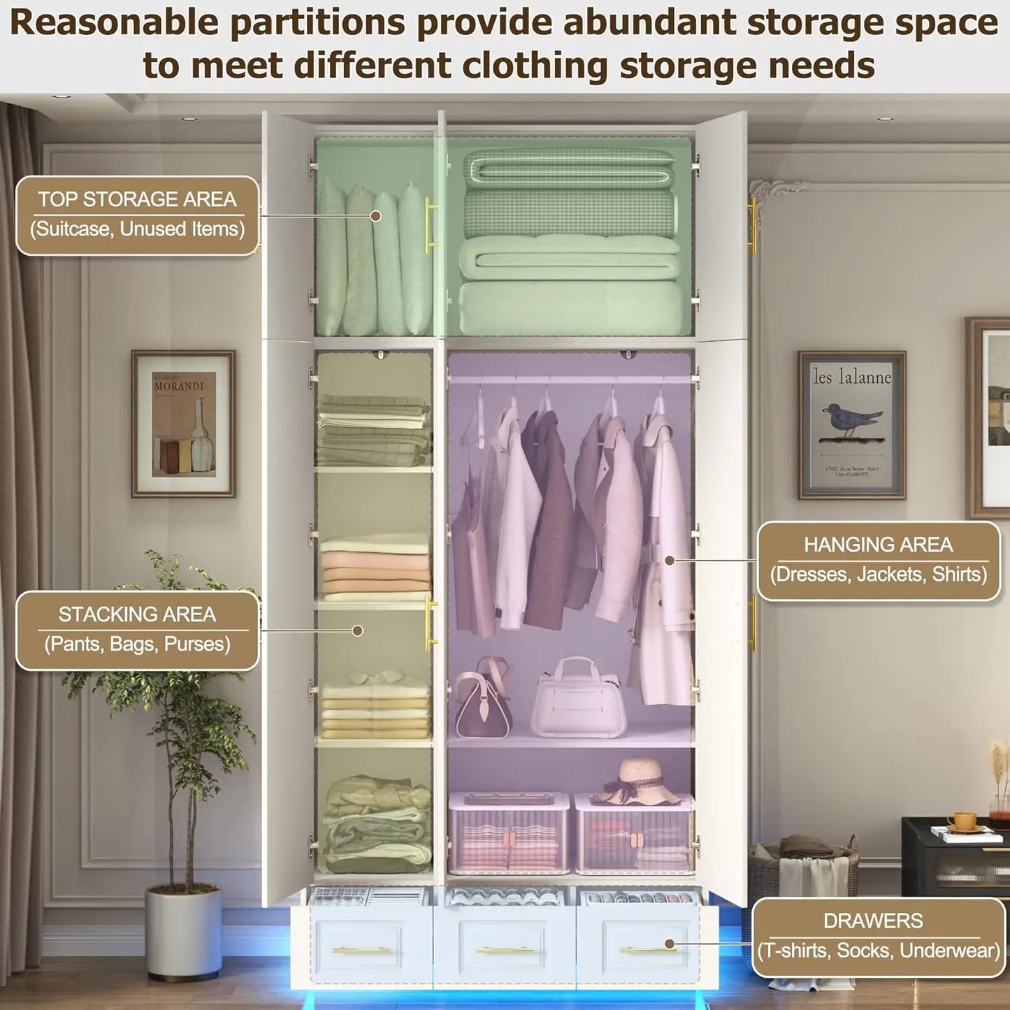Large Armoire Wardrobe Closet Cabinet with Drawers and LED Lights, Large Capacity Storage 3 Door Wardrobe Armoire.
