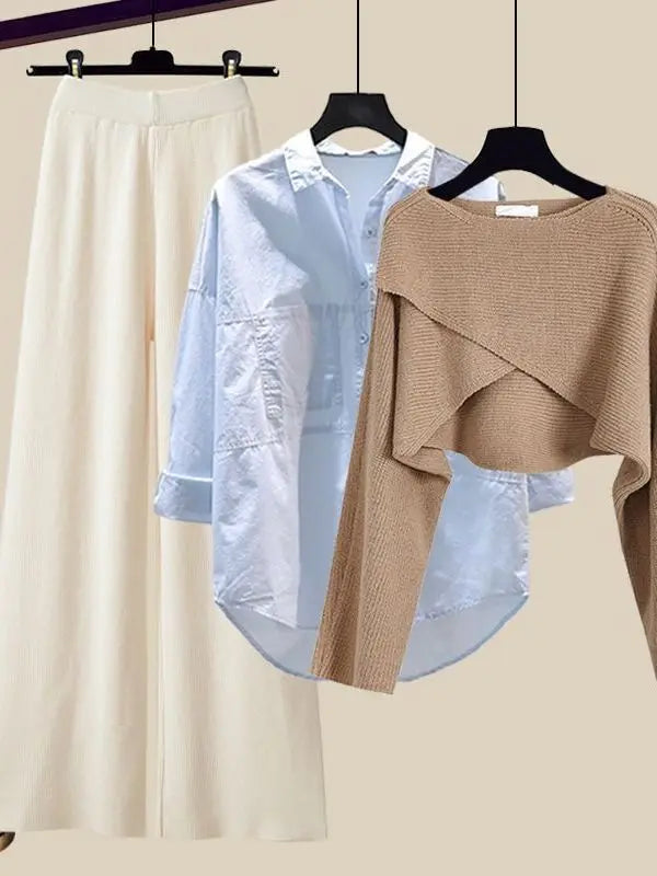 Fall Winter Knitwears 3 Pieces Set For Women Plaid Knitted Vest+solid Blouse+wide Leg Knitting Pants Sets Women Outfits 2024
