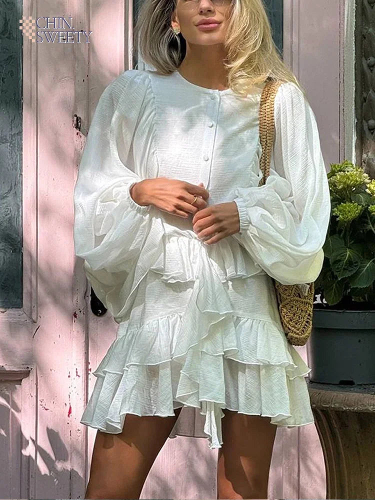 Elegant Layer Ruffles Hem Mini Dresses Chic Loose O Neck Lantern Sleeve Button A-line Cake Dress New Ladies High Street Vestidos