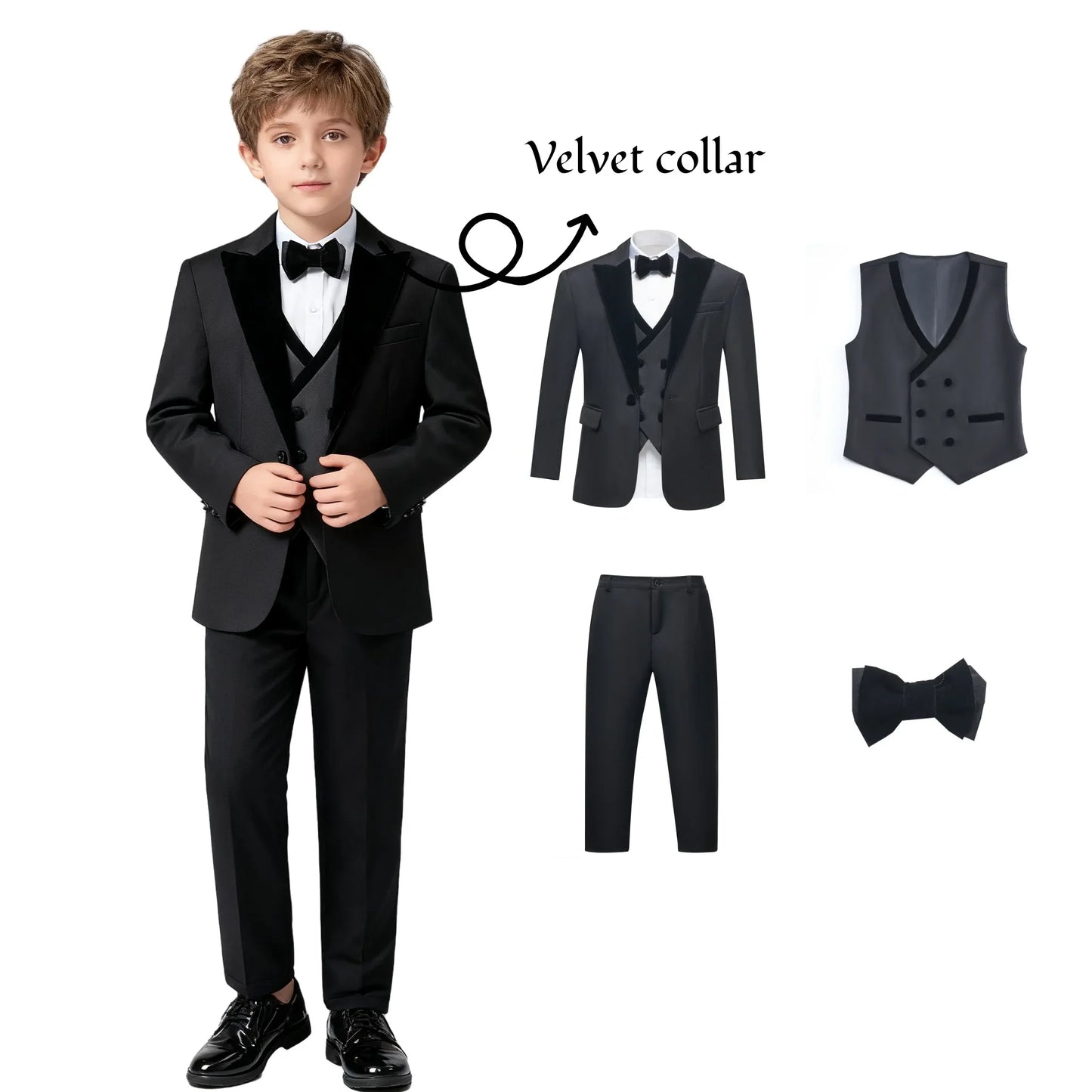 2025 New Kids Suit Set, 4 Pieces Formal  Suits for Boys, Jacket, Vest, Pants, Bowtie Velvet Collar.