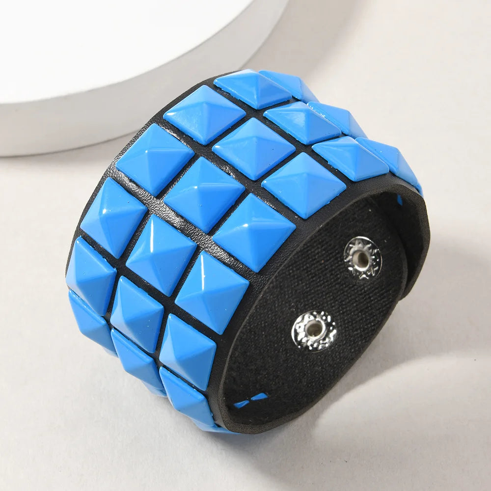 18 Color Punk Hip-Hop Three Rows of Square Rivets PU Leather Big Wide