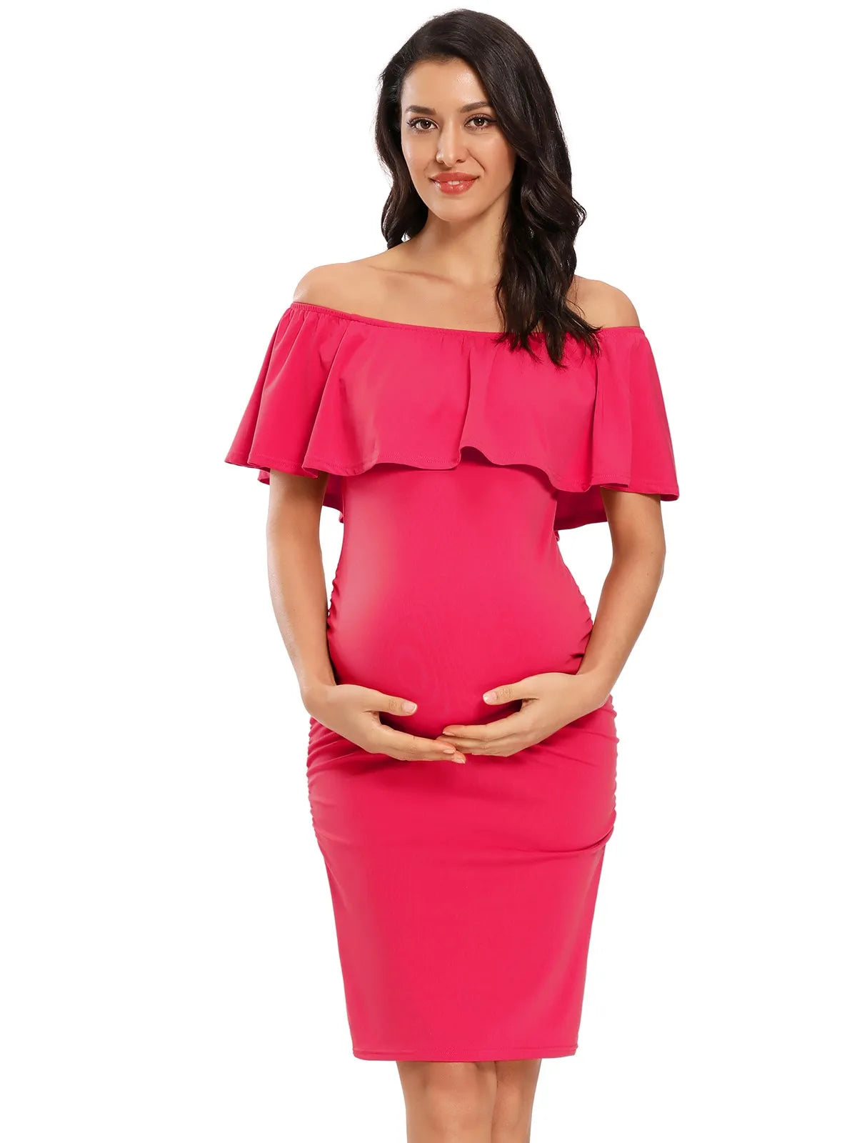Liu&Qu Women's Maternity Dress Off Shoulder Ruffle Sleeveless Bodycon Dress Elegant Ruched Sides Bodycon Dresses for Baby Shower