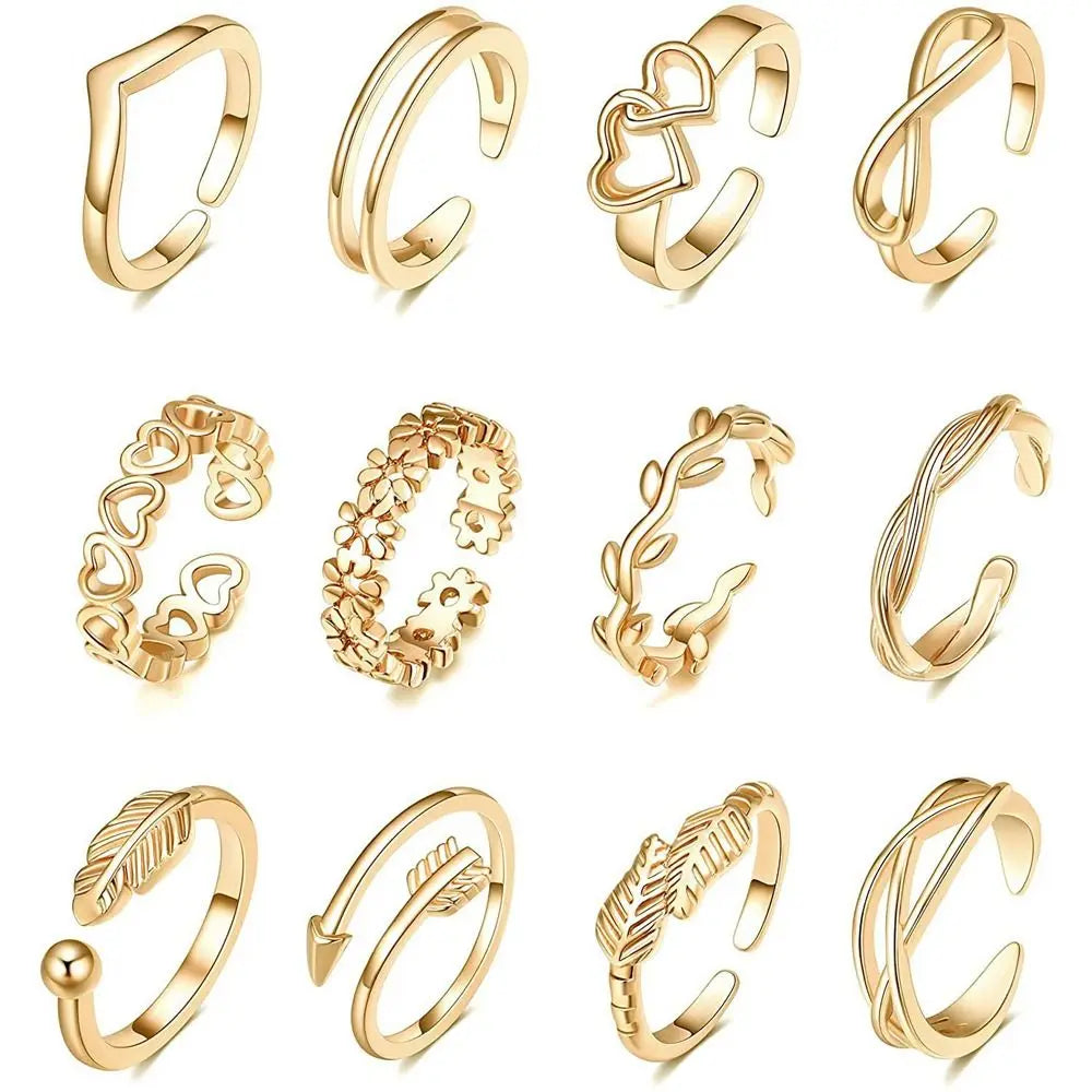 12pcs/Set Kpop Jewelry Open Heart Shape White Copper Alloy Toe Rings Foot Ring Set Korean Style Accessories Women Accessories