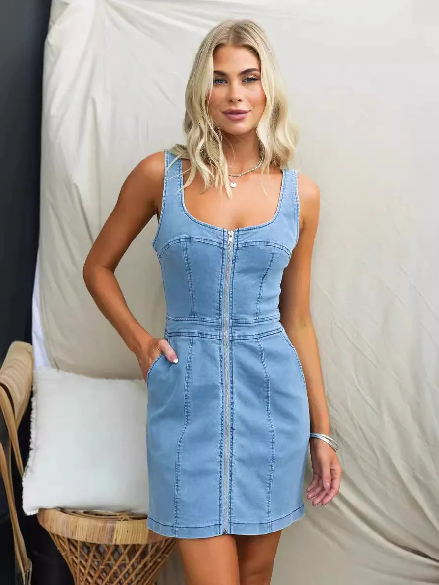 Fashion denim Dresses for Summer Women's Dress 2024 New Skinny Casual Zipper Pocket Denim Sexy Backless SLeeveless MINI Dress